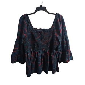 Terra & Sky Bell Sleeve Smock Top 2X (20W-22W) Blue Green Red